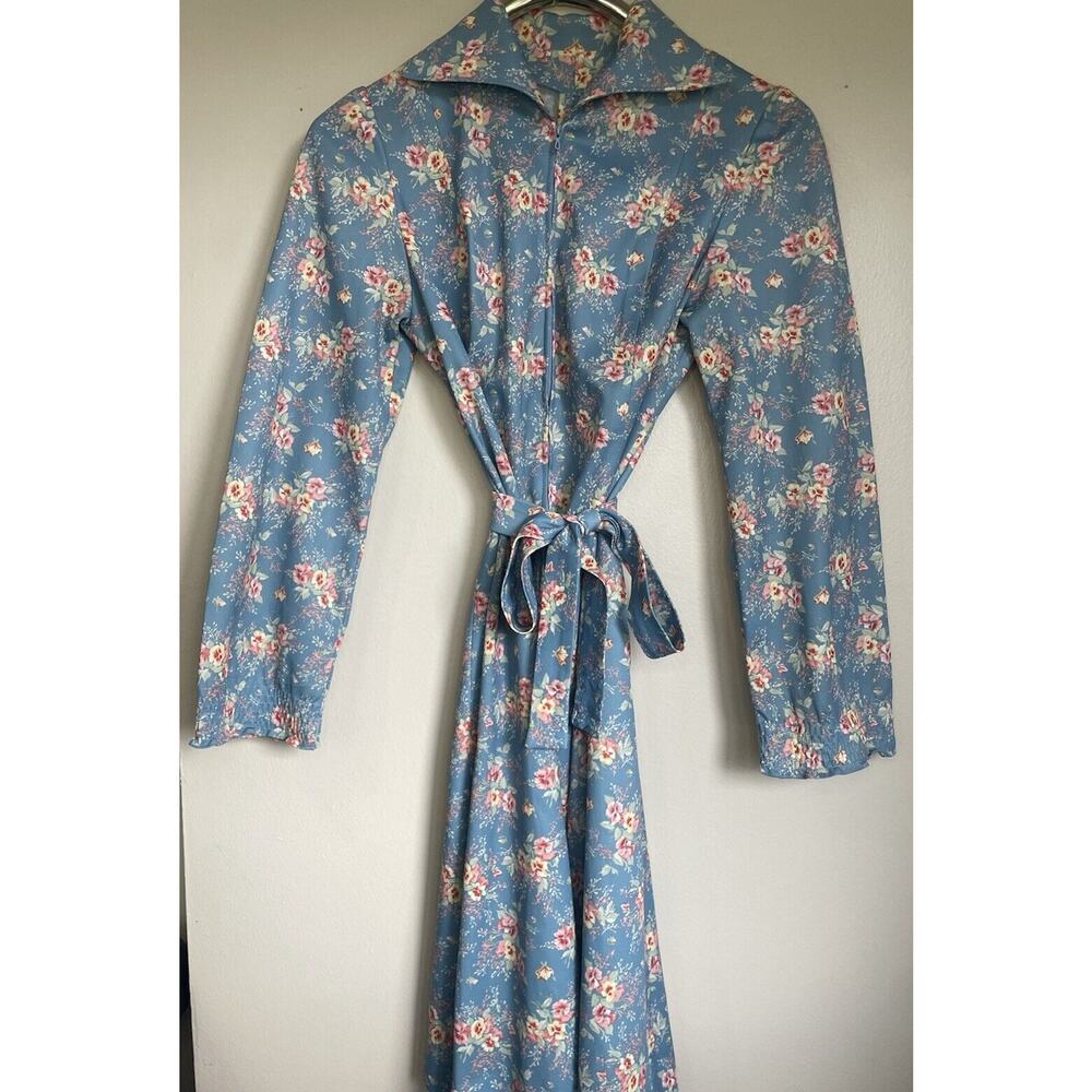 Floral Midi Dress Belted Long Sleeve Ruffle Hem Women Large